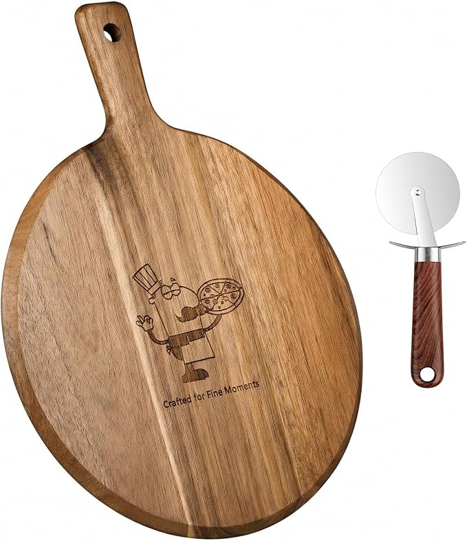 12" Acacia Wood Charcuterie & Pizza Serving Board Set with Pizza Cutter, Rustic Wooden Board for Cheese, Appetizers & Entertaining, Thoughtful Housewarming Gift