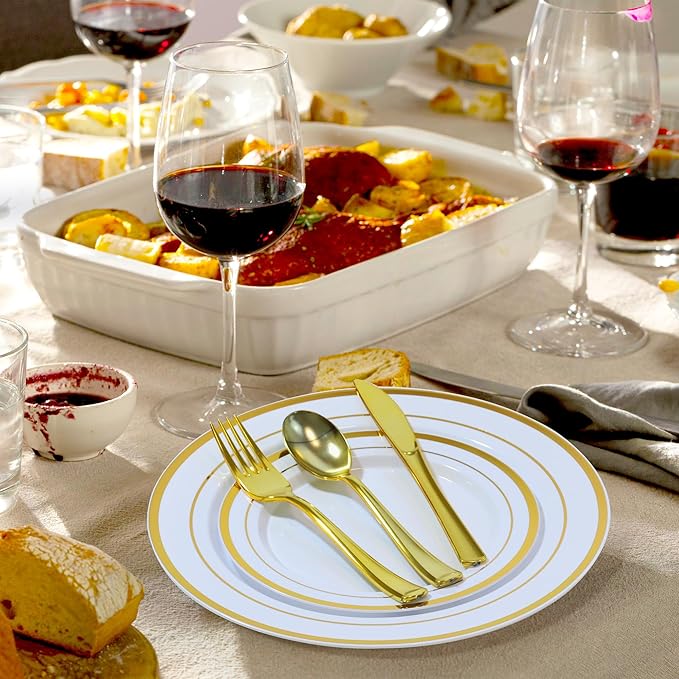 200 PCS Gold Plastic Plates Disposable, White and Gold Plastic Plates Include 100 Dinner Plate and 100 Dessert Plate Perfect for Holiday, Party & Wedding
