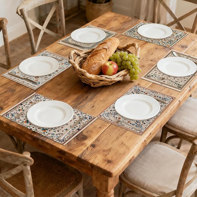Persian Carpet Spring Summer Green Blue Placemats Set of 6, Linen Washable for Christmas, Thanksgiving, Party, and Daily Dining, Decorative Table Mats for 4-6 Person Table