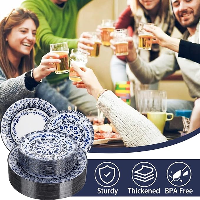 Hioasis 60pcs Blue Plastic Plates Set - Floral Blue & White Porcelain Design, 10.25" Dinner & 7.5" Dessert Plates Disposable for Wedding (Dishwasher Safe, Traditional Style)