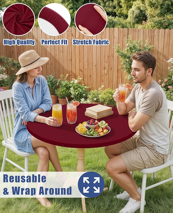 Round Spandex Tablecloth, Elastic Fitted Waterproof Tablecloths for 57"-68" Tables, Stretch Washable Picnic Table Cover for Camping, Dining, Indoor and Outdoor, Wine Red