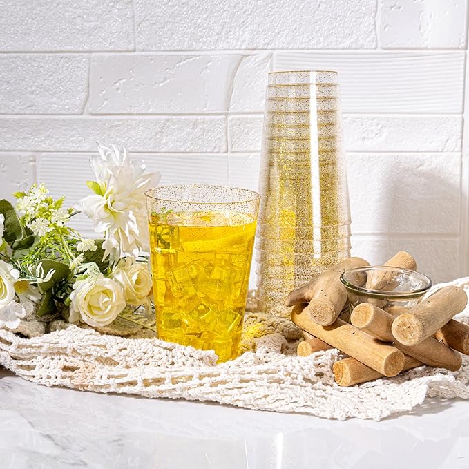 I00000 100 Pack 14 oz Gold Plastic Cups, Disposable Tumblers Gold Glitter Plastic Cups, Disposable Wine Glasses Cocktail Glasses Perfect for Wedding, Mother's Day & Party