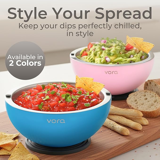 Vora 35oz Dip Chiller Bowl with Lid | 1 Pack Blue Stainless Steel Chilled Serving Bowl Keep Dips, Salads, and Appetizers Perfectly Cold with Leak-Resistant Ice Bowl for Effortless Hosting