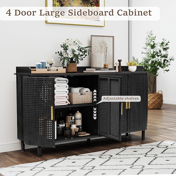 ORRD 4 Doors Storage Cabinet, 2 Tier Wooden Storage Organizer Cabinet with Adjustable Shelf, Sideboard Buffet Cabinets with Iron Curved Doors Accent Shoe Rack for Entryway Hallway Living Room (Black)