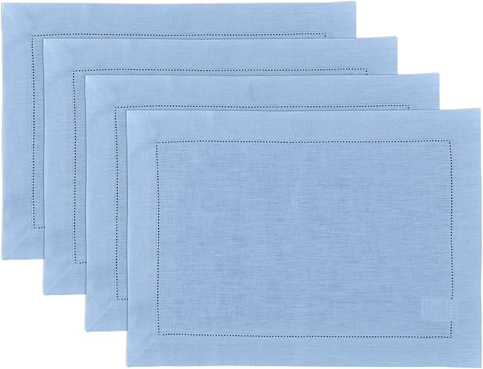 Solino Home Linen Cloth Placemats Set of 4-100% Pure Linen Hemstitch Cornflower Blue Placemats 14 x 19 Inch - Classic Hemstitch Table Place Mats for Spring, Easter