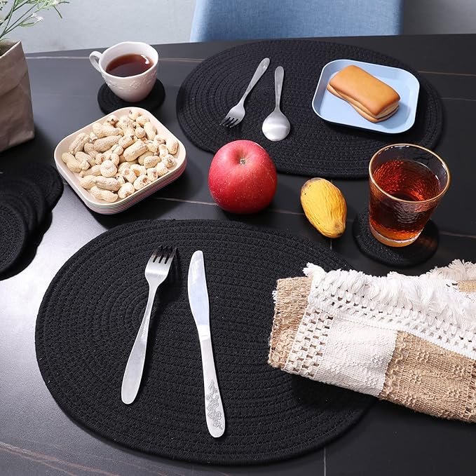 Braided Placemats Set of 6, Cotton Fabric Oval Table Mats Non Slip Washable 16 * 12 inch Oval Place Mats, 6 Pack Black Cotton Rope Woven Placemats