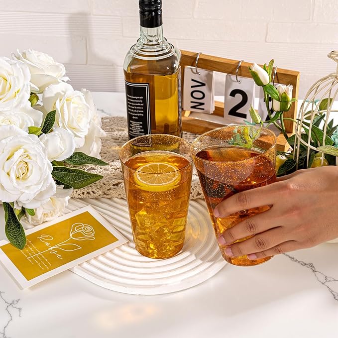I00000 50 Pack 18 oz Gold Plastic Cups, Gold Glitter Cups Disposable Plastic Wine Glasses Cocktail Glasses Premium Cup, 18 Ounce Glitter Disposable Tumblers for Party & Wedding