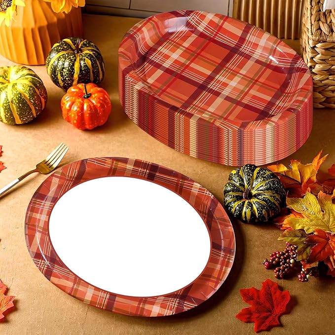 50Pcs Fall Gingham Oval Paper Plates 10" x 12" Large Heavy Duty Disposable Autumn Burnt Orange Buffalo Plaid Dessert Plates Thanksgiving Harvest Platters for Wedding Picnic Birthday Party Supplies