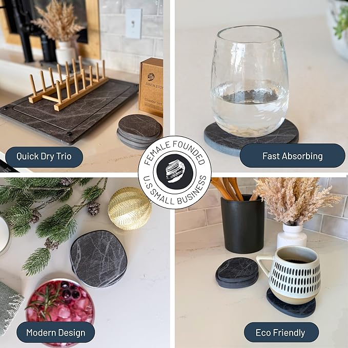 Coaster Set of 4 - Diatomaceous Earth Absorbent Coasters for Drinks | Quick Dry, Super Absorbent | Coffee Table, Bar & Home Decor | Non-Toxic, BPA-Free | Female Founded USA Brand Brand