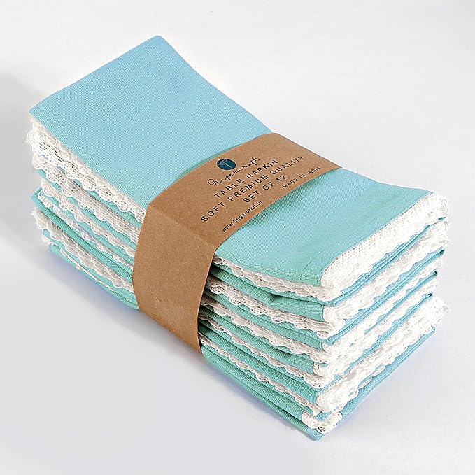 FINGERCRAFT Dinner Cloth Napkin Cotton Linen Blend 4 Pack Mitered Corners with Elegant Lace for Everyday Use Napkins are Pre Shrunk and Good Absorbency Sky Blue