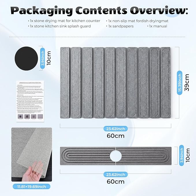 2 Pack Large Stone Dish Drying Mat for Kitchen Counter, Collapsible Quick Drying Dish Mats, Water Absorbing Diatomaceous Earth Drying Pad for Kitchen Countertop Bottles Utensils Cups Bathroom Sink