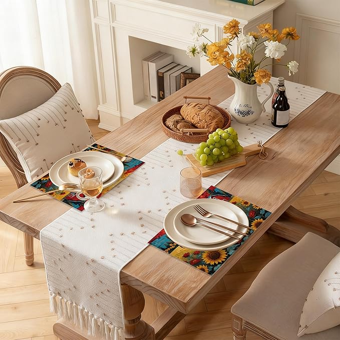 Painting Sunflowers Rooster 12x18 Inch Placemats Set of 6 - Waterproof, Non-Slip & Washable Table Mats for Kitchen & Dining Table Placemats