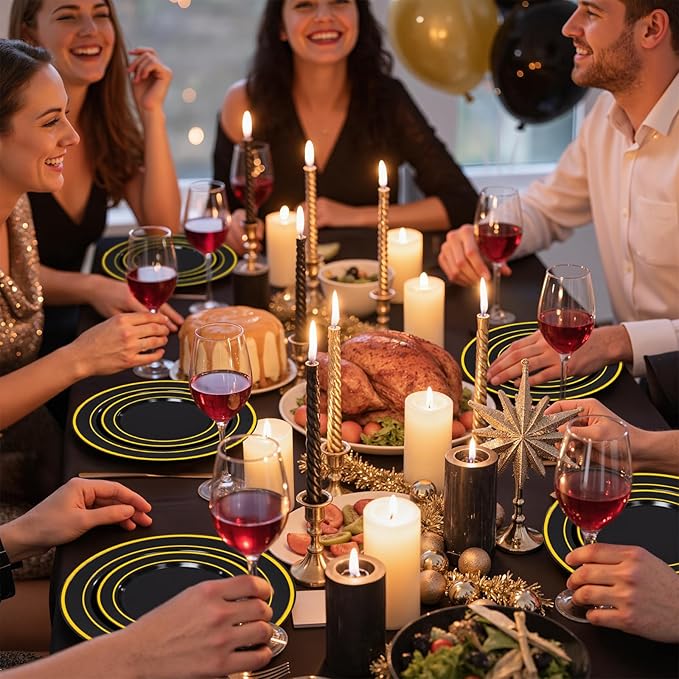175PCS Black and Gold Plates - Black Disposable Plates for Party - 25Guests Disposable Dinnerware Set for New Year/Wedding