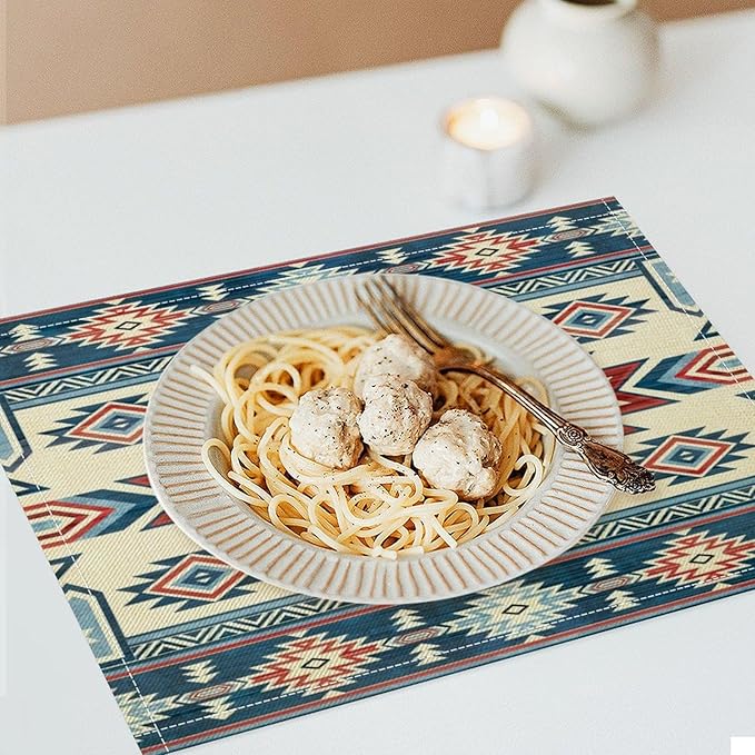Ethnic Aztec Placemat Set, Vintage Bohemian Rustic Farmhouse Blue Red Mystic Native Tribal Geometric Totem Pattern Home Decor Linen Table Mats for Dining Room Kitchen Party (17x12in) x6P