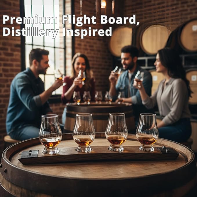 Barrel Stave Premium 4 Glass Whiskey Flight Serving Tray with Glencairn Glasses, Dark Walnut