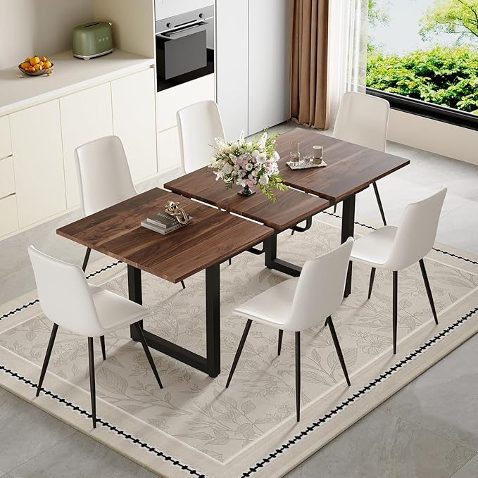 Extendable Dining Table Set for 4, 55"–71" Modern Wood Kitchen Table with 4 Upholstered Chairs, Space-Saving for Living Room Apartment, Sturdy & Comfortable, Easy Assembly
