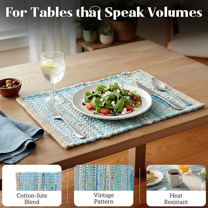 Perilla Home Natural Chindi Jute Placemats Set of 4 Vintage Boho 13x19 Inch Table Mats for Kitchen Dining Home Decor Rectangle Turquoise Stripe Rustic Placemat