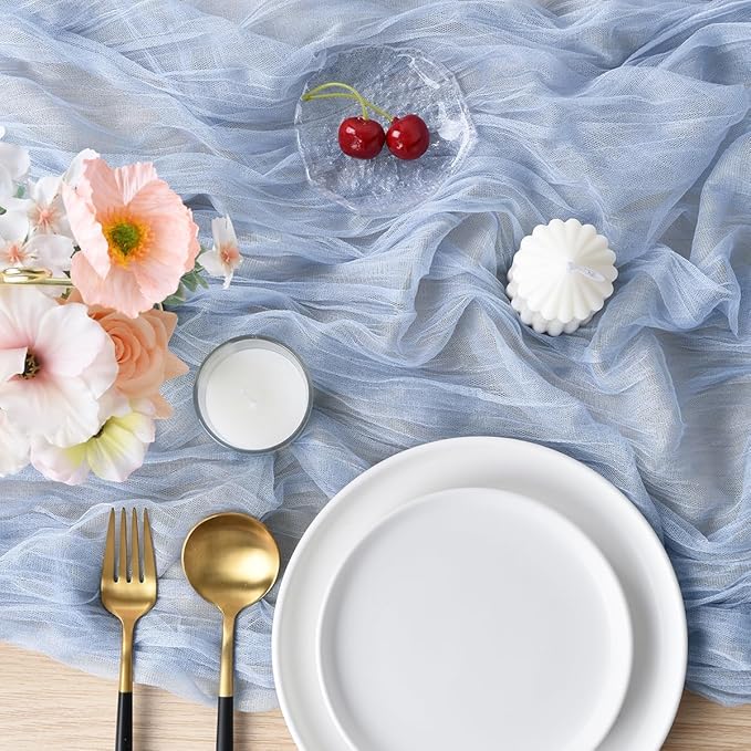 Joanlody Blue Cheesecloth Table Runner Spring Easter 10Ft Rustic Gauze Boho Cheese Cloth Table Runner for Wedding Bridal Baby Shower Decoration 4 Pack