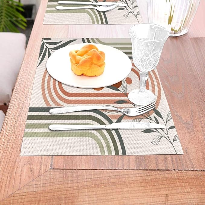 Mid Century Boho Sage Placemats, Abstract Bohemian Mid Century Plant Leaf Rainbow Dots Washable Place Mats 12x18Inch for Dining Kitchen Farmhouse Decor 6 PCS