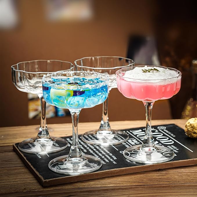Vintage Art Deco Coupe Glasses, Set of 6 Flower Wave Coupe Cocktail Glasses, 6.5oz Classic Martini Glasses, Hand Blown Manhattan Goblet for Bar, Martini, Cosmopolitan, Gimlet, Pisco Sour