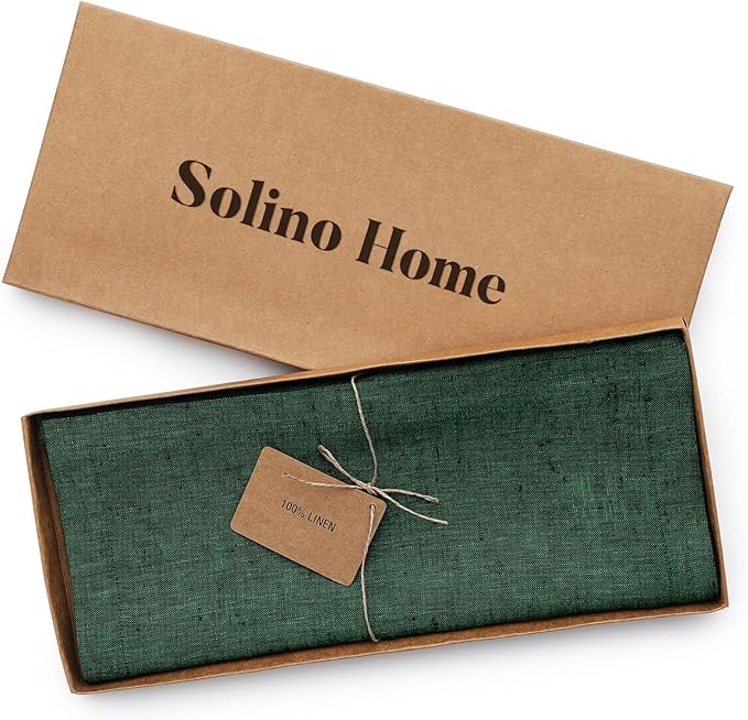 Solino Home Linen Table Runner 36 Inches - 100% Pure Linen Forest Green Table Runner 14 x 36 Inch Ideal for Dresser and Coffee Tables - Athena - Winter, Easter, St Patricks Day