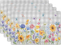 Giwawa Spring Floral Placemats, 12"x18" Summer Flowers Grey Checkered Linen Table Mats Set of 4, Watercolor Wildflower Butterfly Washable Heat Resistance for Seasonal Kitchen Dining Decor