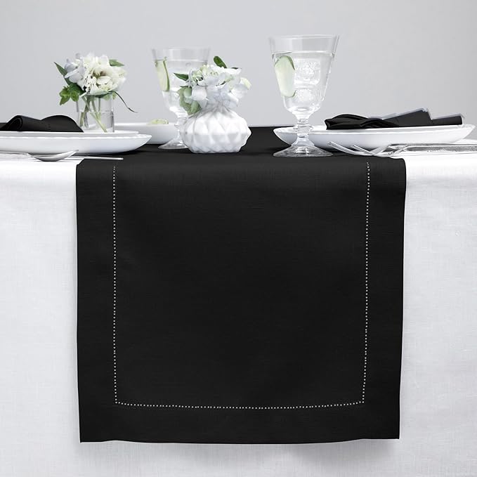 Solino Home Linen Black Table Runner 48 Inches - Classic Hemstitch, 100% Pure Linen Coffee Table Runner 14 x 48 Inch Ideal for Dresser Tables - Winter, Spring, Easter