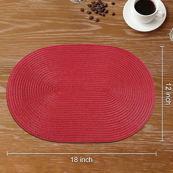 Noctiflorous Oval Braided Placemats Set of 6 Woven 12x18 Inch Non Slip Washable Heat Resistant Place Mats Round Tablemats for Dining Kitchen Party Daily Table Decor Dinner Mats (Red, 6)