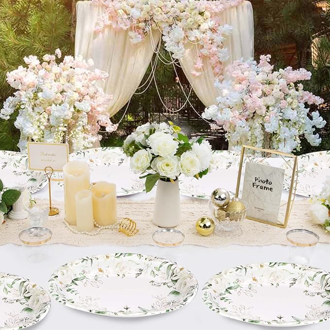 50PCS White Floral Oval Paper Plates 10"X12" Eucalyptus Flower Plates Disposable Heavy Duty Green Leaves White Flowers Tablewre Spring Blossom Flowers Dinnerware for Wedding Birthday Bridal Shower