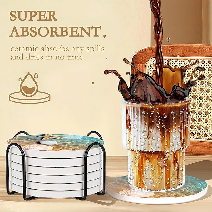 Drink Coasters with Holder,6 Pcs Beach Seaside Design, Water-Absorbent Beverage Pads for Dining Table Decor & Glass Protection