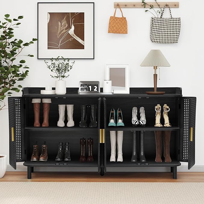 ORRD 4 Doors Storage Cabinet, 2 Tier Wooden Storage Organizer Cabinet with Adjustable Shelf, Sideboard Buffet Cabinets with Iron Curved Doors Accent Shoe Rack for Entryway Hallway Living Room (Black)