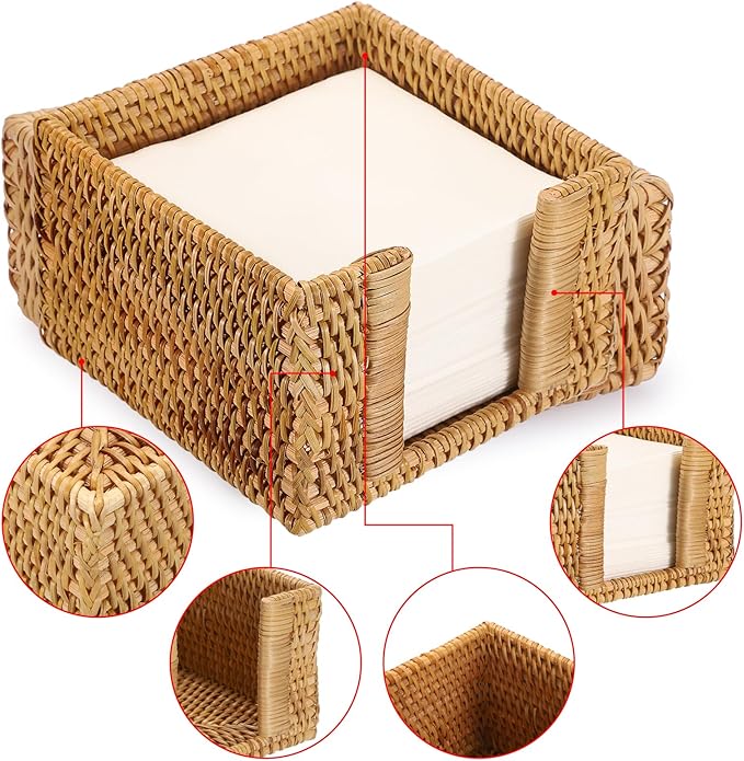 Sumnacon Napkin Holder,Square Rattan Napkin Holder Table Wicker Countertop,Cocktail Napkin Holders for Kitchen Dining Table Counter Natural Napkin Basket for Picnic Wedding Party