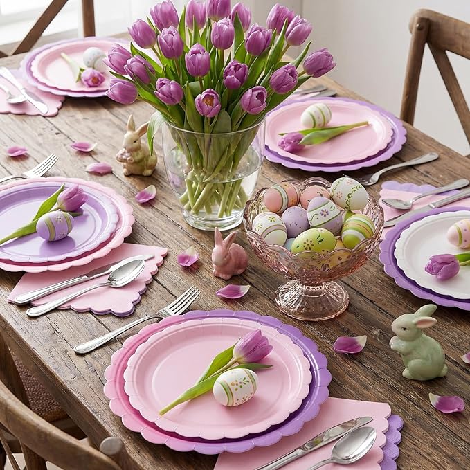 110 Pcs Pink Purple Plates and Napkins Tableware Set Serve 25 Guests Includes Scalloped 9" 7" Paper Dessert Dinner Plate Pastel Series Napkins for Spring Birthday Wedding Baby Shower Tea Party