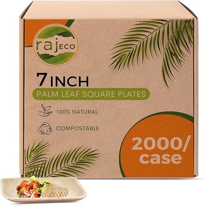 Raj Palm Leaf Plates Bulk [50-Pack] 7" Square Plates(40 CASES - 2000 PACK) like Bamboo plates Disposable, Strong, Decorative Compostable Tableware for weddings, Lunch, Dinner, Birthday, Camping