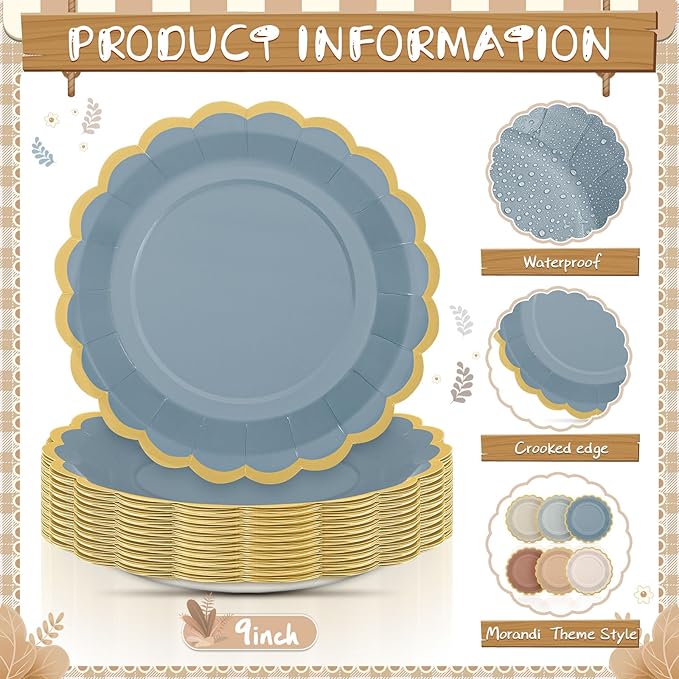 96 Pcs Morandi Color Paper Plates 9 Inch Pastel Scalloped Disposable Colored Boho Dinner Dessert Paper Plates for Birthday Wedding Bridal Party Supplies, 6 Colors