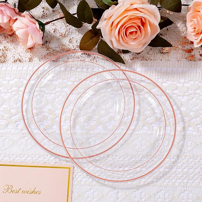 bUCLA 100PCS Clear Rose Gold Plastic Plates Disposable - Heavy Duty 6.25 Inch Clear Plastic Dessert Plates with Rose Gold Trim - Ideal for Party, Wedding & Valentines Day