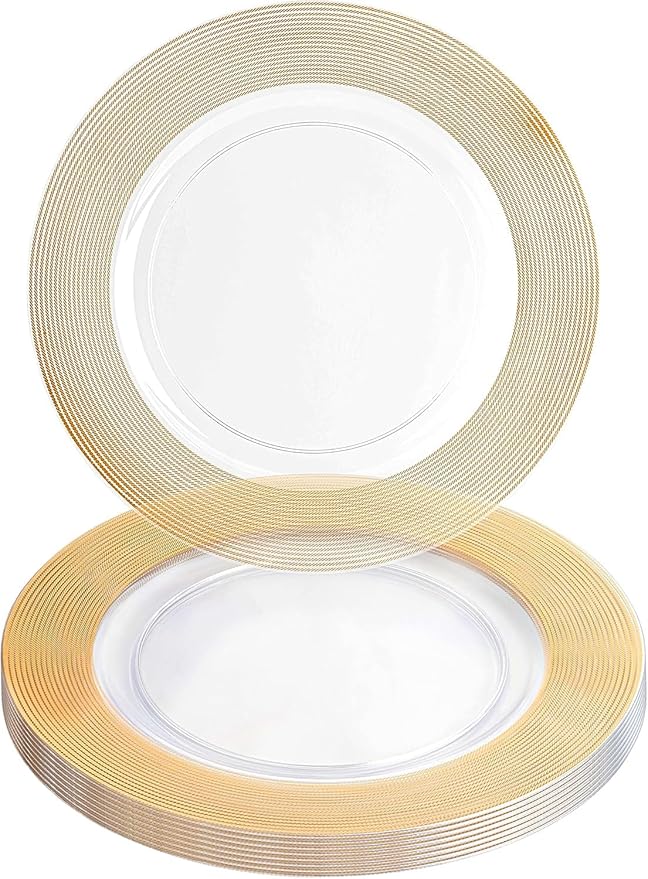 PARTY BARGAINS 13-Inch Charger Plates - 8 Pack, Clear Gold Rope Textured Rim, Heavy-Duty Disposable Chargers for Elegant Dining - Ideal for Weddings and Formal Events