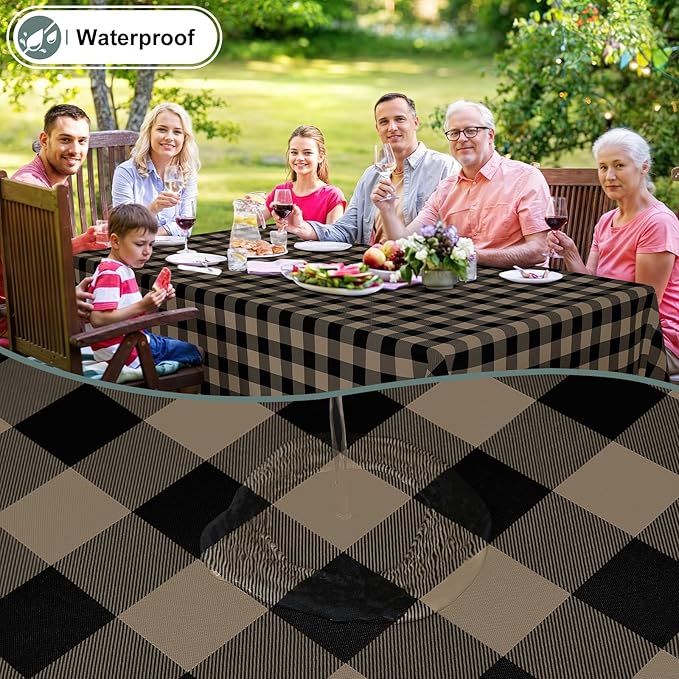 misaya Rectangle Waterproof Vinyl Table Cloth, Buffalo Flannel Backed Tablecloth, Wipeable Plastic Table Cover for Dinner, Kitchen, Outdoor (60" x 120", Black and Khaki)