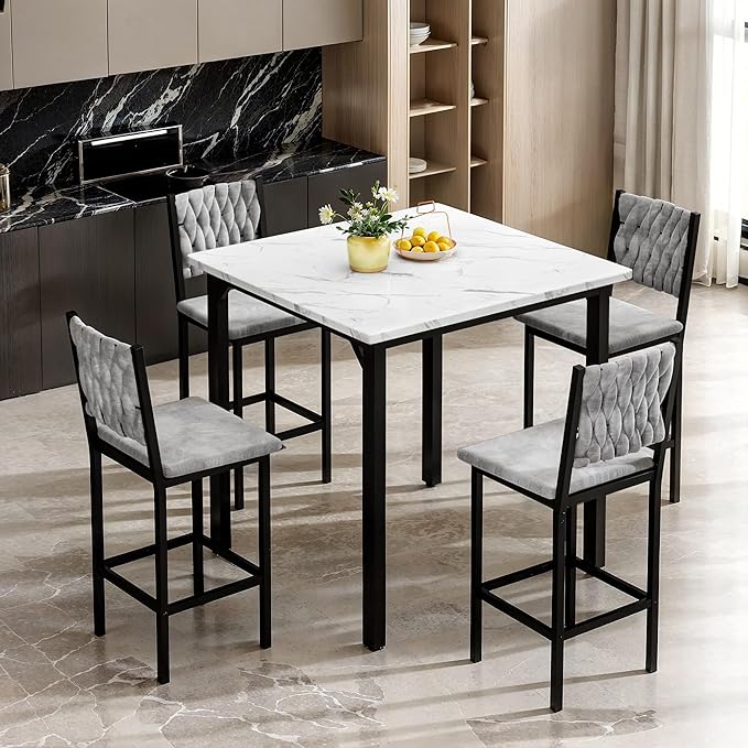 AWQM 5-Piece Dining Table Set, Dining Table Set for 4, Counter Height Table & 4 Velvet Bar Stools, Modern Kitchen Dining Set, Compact Dining Set for Small Spaces (Marble Texture & Velvet Chairs)