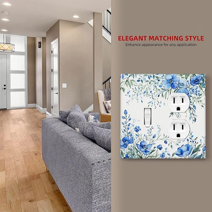 Light Switch Cover Plate Blue Watercolor Flowers Retro Floral Leaves 2 Gang Decorative Switch Plates 1 Toggle Duplex Combo Outlet Covers GFCI Wall Plates for Bathroom Bedroom Decor