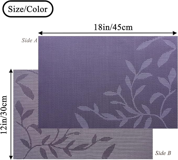 Leaf Placemats Set of 4 Non-Slip Heat-Resistant Vinyl Washable Place Mats for Kitchen Table Indoor Outdoor Durable (18"x12", Purple)