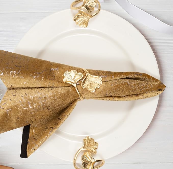 CLEENTABLE Ginkgo Leaf Napkin Rings Set of 10 - Holiday Napkin Rings Decorative Metal Napkin Holders for Wedding Party Holiday Banquet Christmas Dinner Delicate Serviette Buckles Decor (Gold)