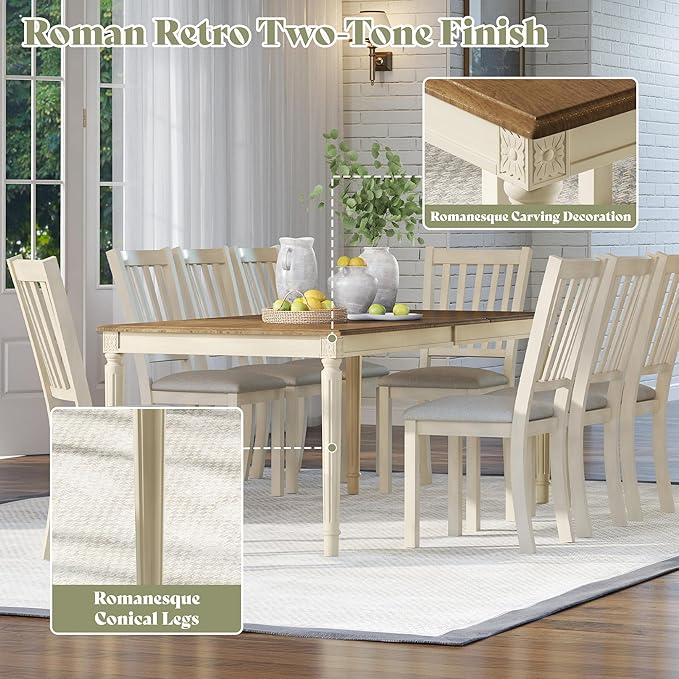 AMERLIFE 9-Piece Farmhouse Solid Wood Dining Table Set with 8 Upholstered Chairs, Roman Conical Legs, Seats up to 8, 79'' Dining Table & Chairs Set for Kitchen and Dining Room, Rustic Cream