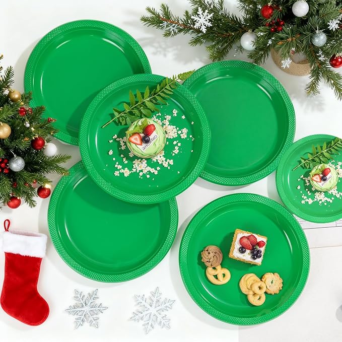 WELLIFE Green Party Plates 9 Inch -150 Count, Disposable Plastic Dinner Plates for New Year Party St. Patrick's Day Easter