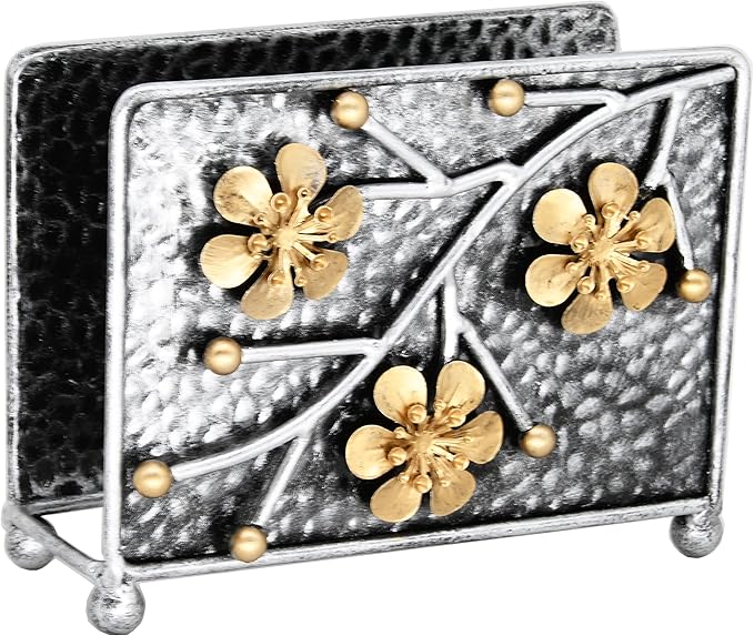 OwlGift Sakura Napkin Holder, Cherry Blossom Design Metal Freestanding Tissue Dispenser Organizer Iron Tabletop Paper Napkin Holder Stand for Home Kitchen Restaurant Picnic Party, Silver