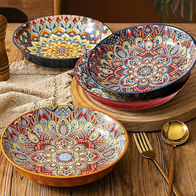 Bohemian Decorative Bowls for Salad, Fruit, 25 oz Pasta and Dinner, Serving Bowls Set for Party, Dishwasher & Microwave Safe (Orange+Red+Blue+Green, 8 Inch)