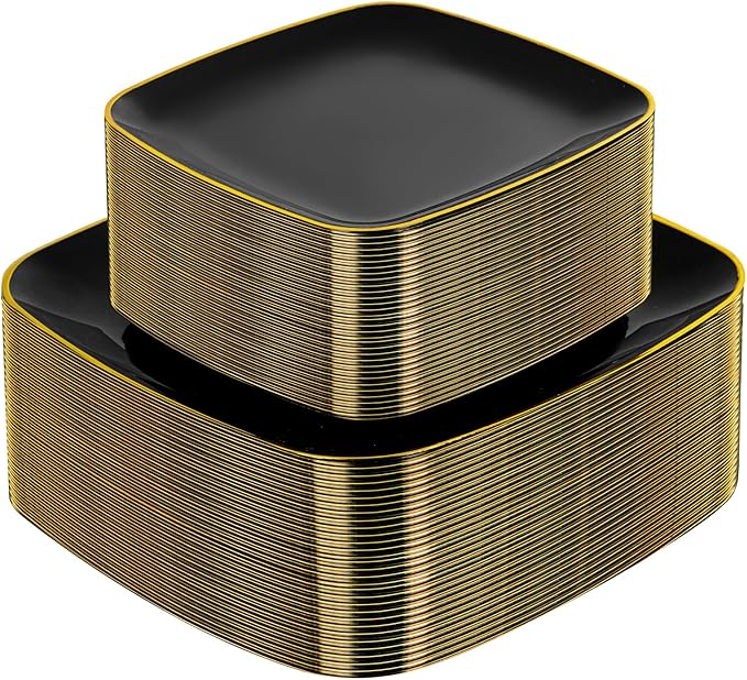 bUCLA 100PCS Black Plastic Plates with Gold Trim - Heavy Duty Black Gold Square Plates Disposable - Include 50 Each (Dinner & Dessert) for Party & New Year