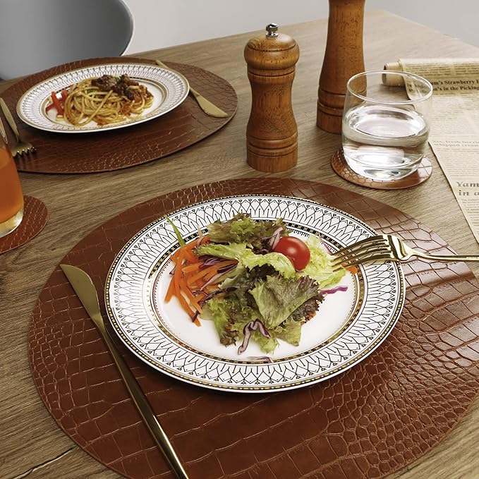 Round Leather Placemats for Round Tables Set of 6, Brown Table Place Mats and Coasters, Washable Easy to Care for Indoor Decor 13" Diameter