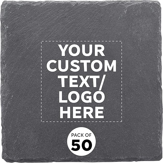 Custom Sohag Square Slate Coasters Set of 50, Personalized Bulk Pack - Table Decor, Kitchen Decor, Wedding Favors - Black