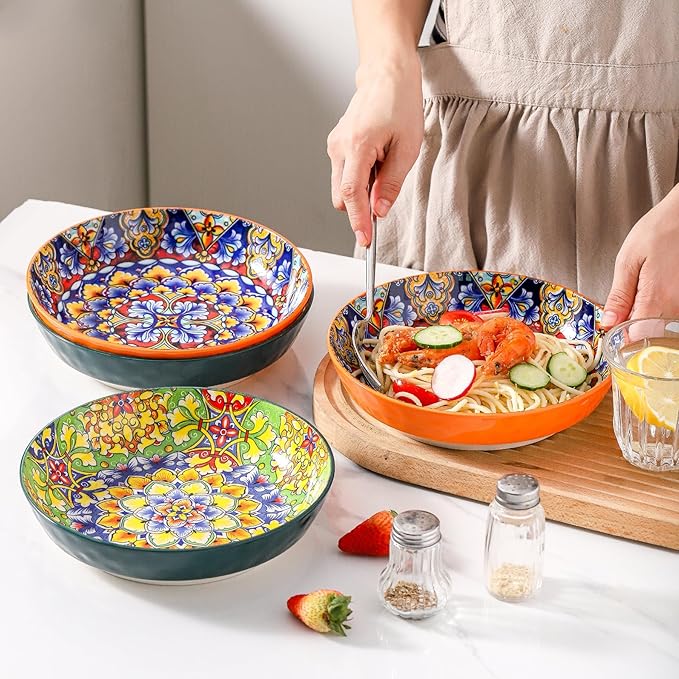 Bohemian Decorative Bowls for Salad, Fruit, 25 oz Pasta and Dinner, Serving Bowls Set for Party, Dishwasher & Microwave Safe (Orange+Red+Blue+Green, 8 Inch)